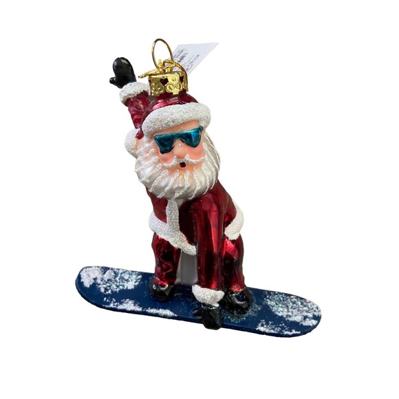 Kurt Adler Noble Gems Snowboarding Santa Glass Ornament Red and White 4.5 inch - Picture 1 of 8